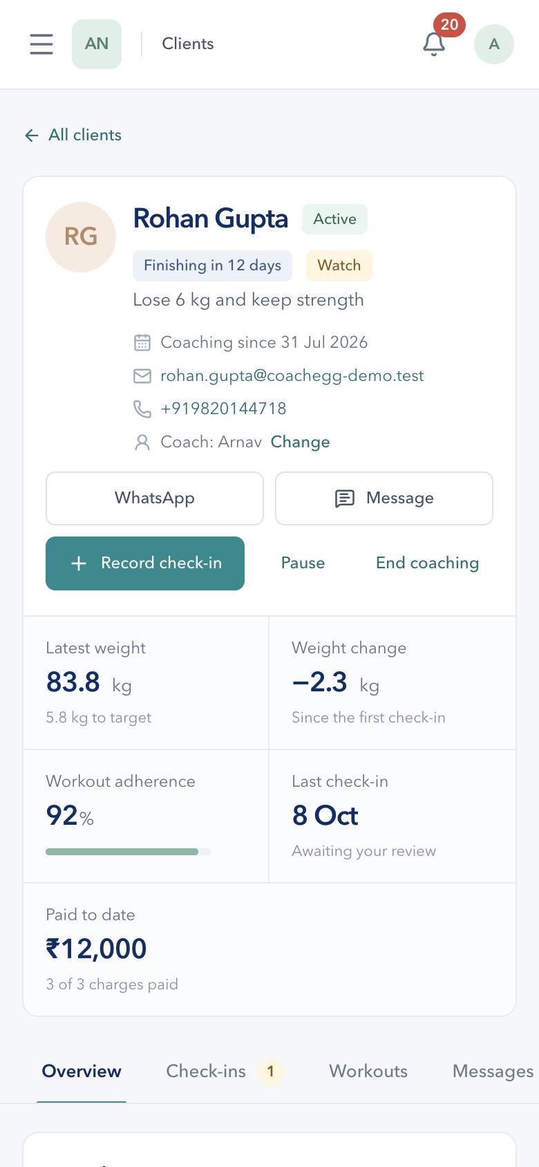 A client profile on a phone