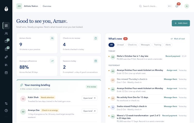 CoachEgg overview: active clients, check-ins to review, adherence, today’s sessions and the morning briefing